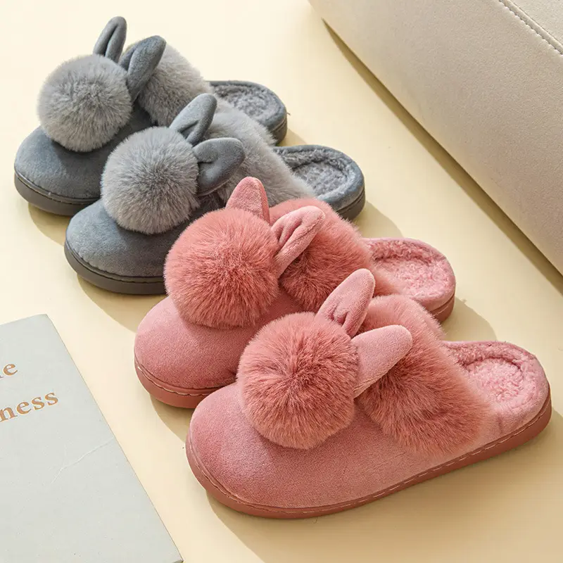 Long Ears Single Ball Men and Women Couple Winter Warm Wood Floor Thickened Indoor Warm Slippers Cotton Slippers