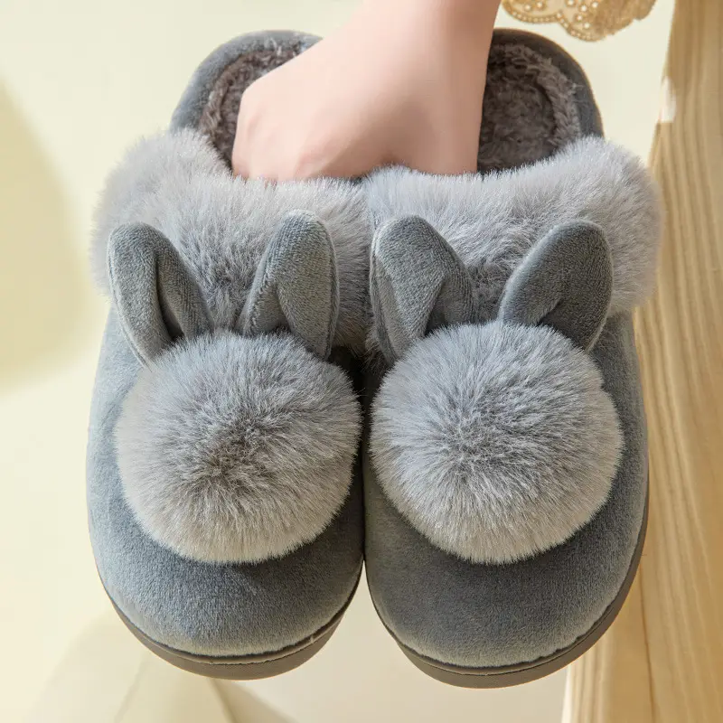 Long Ears Single Ball Men and Women Couple Winter Warm Wood Floor Thickened Indoor Warm Slippers Cotton Slippers
