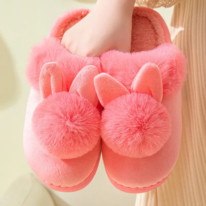Long Ears Single Ball Men and Women Couple Winter Warm Wood Floor Thickened Indoor Warm Slippers Cotton Slippers