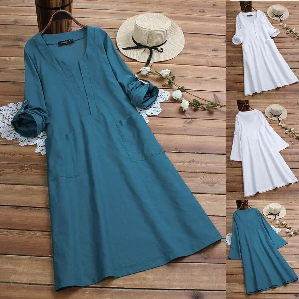 Long Sleeve V Neck Dress Cotton Linen Teal - Image 3