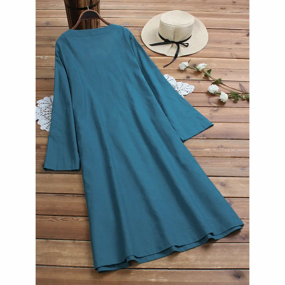 Long Sleeve V Neck Dress Cotton Linen Teal - Image 5