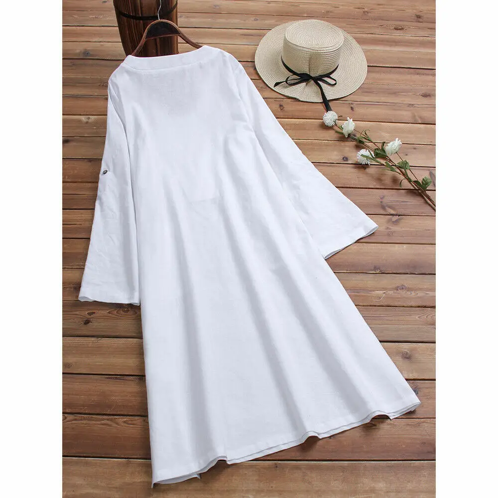 Long Sleeve V Neck Dress Cotton Linen Teal - Image 6
