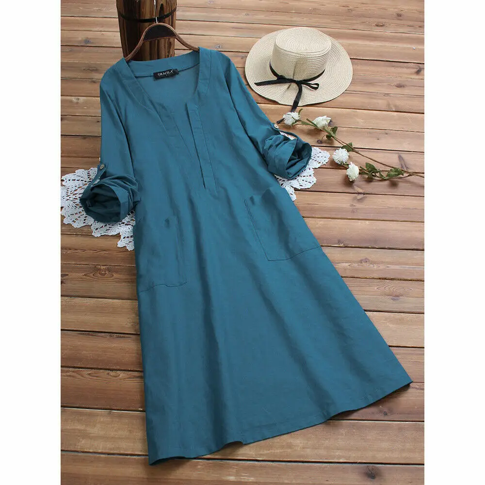 Long Sleeve V Neck Dress Cotton Linen Teal - Image 2
