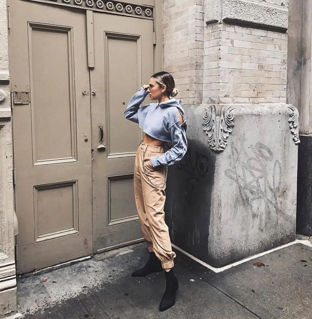 Women's White Crossbody Belt Pants with Black Boots — feature 19