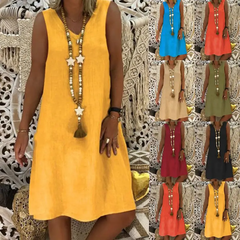 Women Sleeveless V-Neck Vest Dress Olive Green - Image 8