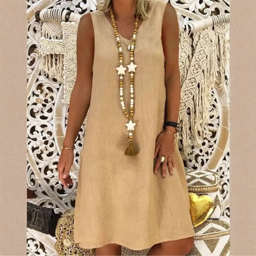 Women Sleeveless V-Neck Vest Dress Olive Green - Image 9