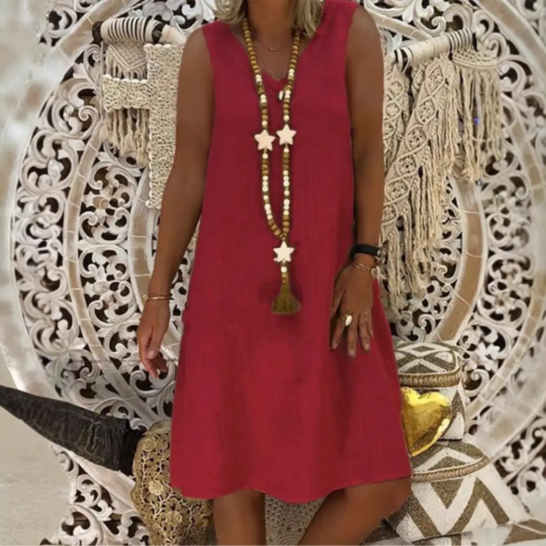 Women Sleeveless V-Neck Vest Dress Olive Green - Image 10
