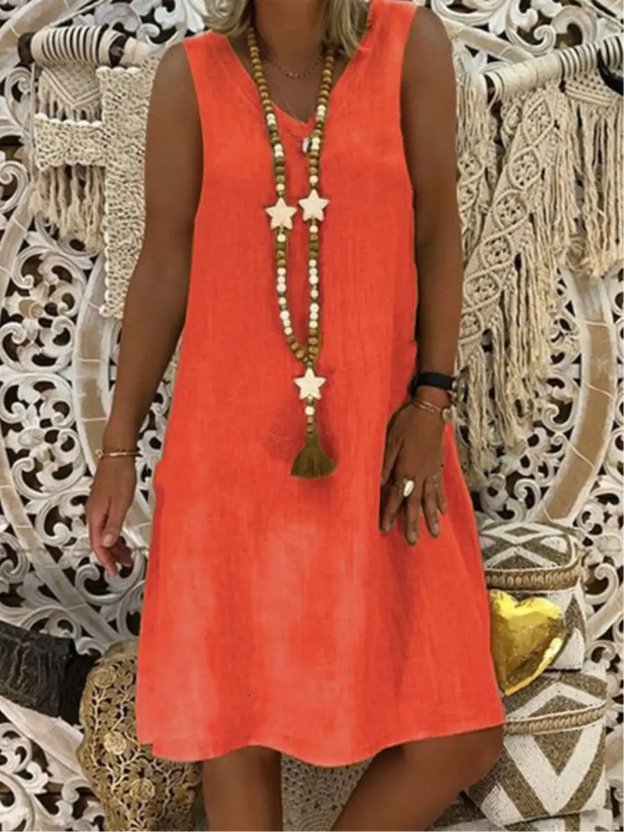 Women Sleeveless V-Neck Vest Dress Olive Green - Image 3