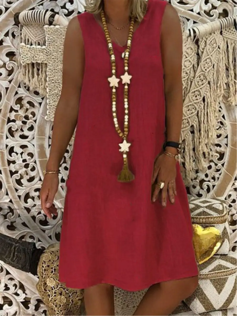 Women Sleeveless V-Neck Vest Dress Olive Green - Image 4