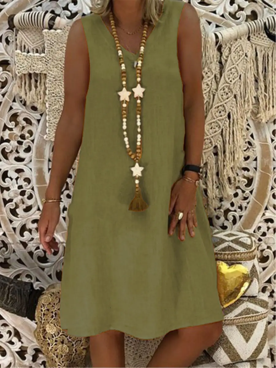 Women Sleeveless V-Neck Vest Dress Olive Green - Image 5