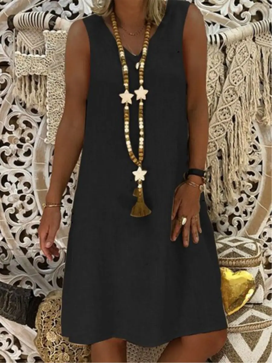 Women Sleeveless V-Neck Vest Dress Olive Green - Image 6