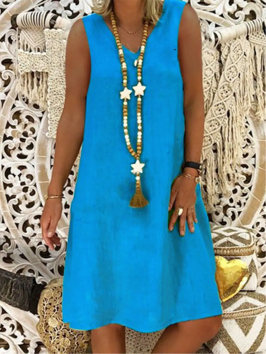 Women Sleeveless V-Neck Vest Dress Olive Green - Image 7