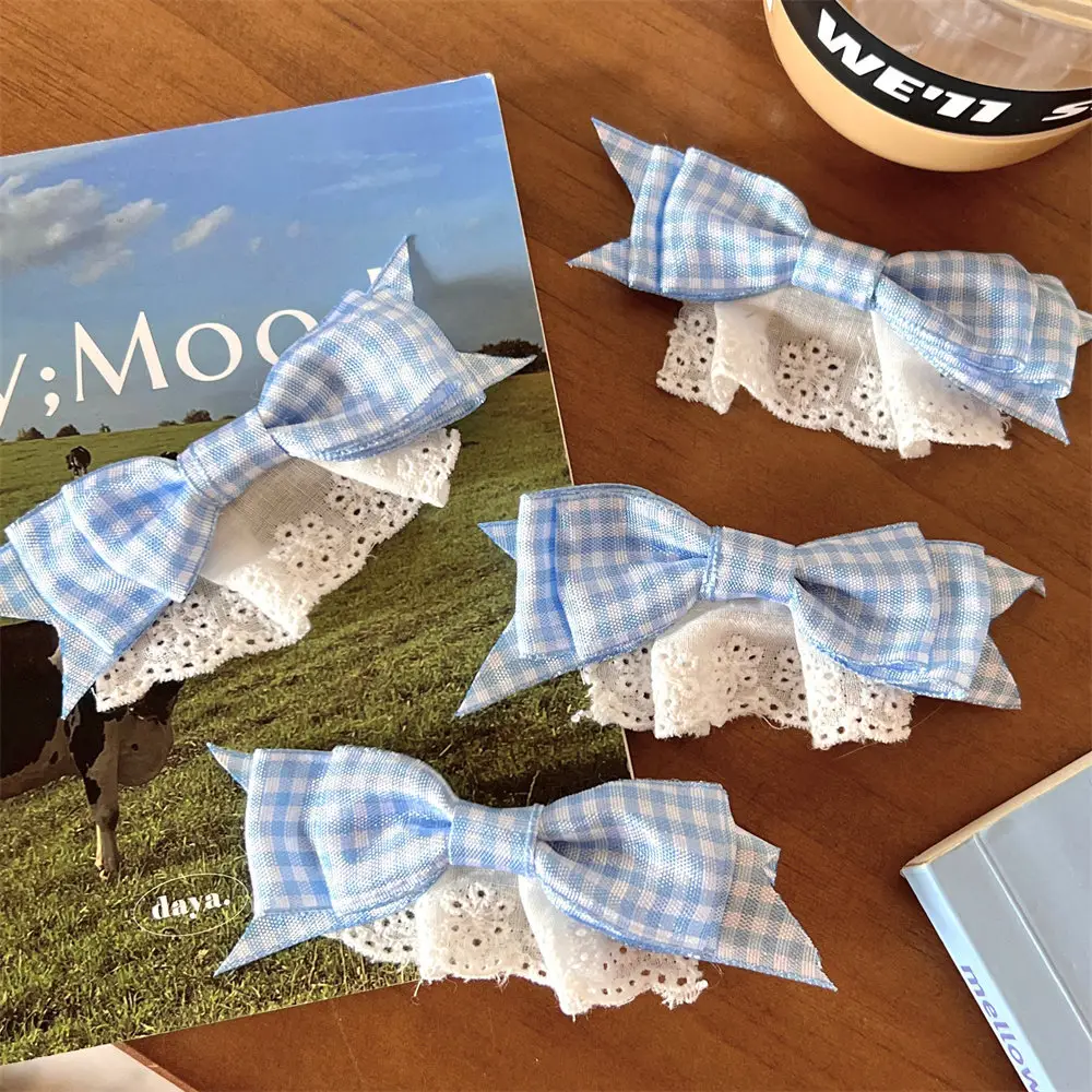 New Blue Plaid Bow Hairpin with Lace Edge - Image 11