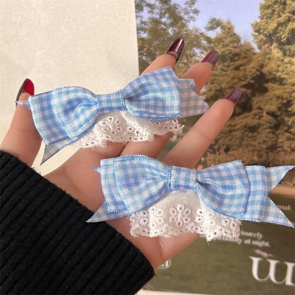 New Blue Plaid Bow Hairpin with Lace Edge - Image 12