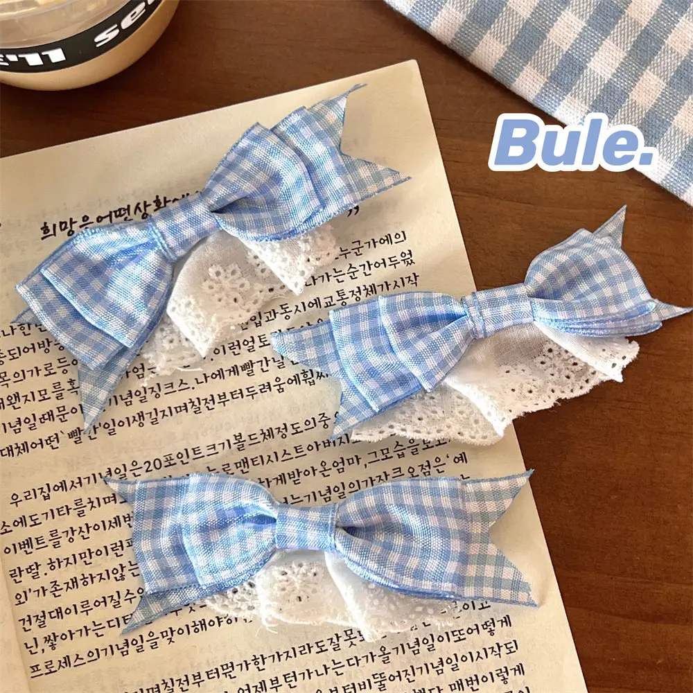New Blue Plaid Bow Hairpin with Lace Edge - Image 14