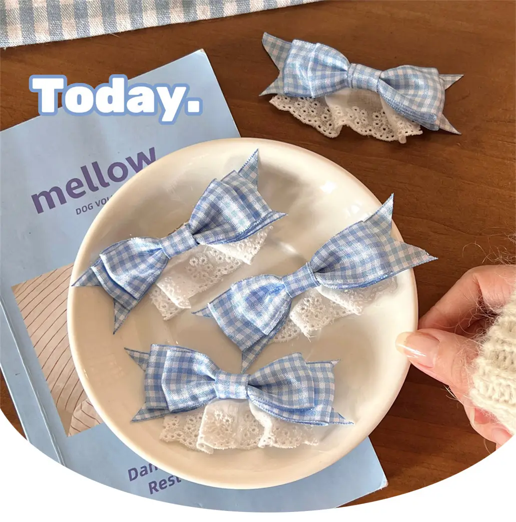 New Blue Plaid Bow Hairpin with Lace Edge — feature 1