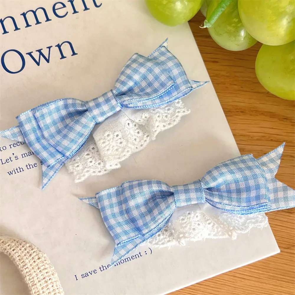 New Blue Plaid Bow Hairpin with Lace Edge — feature 13