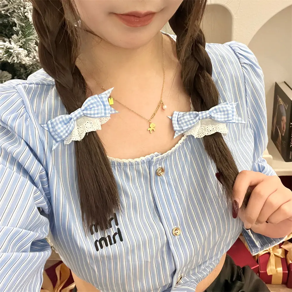New Blue Plaid Bow Hairpin with Lace Edge — feature 5