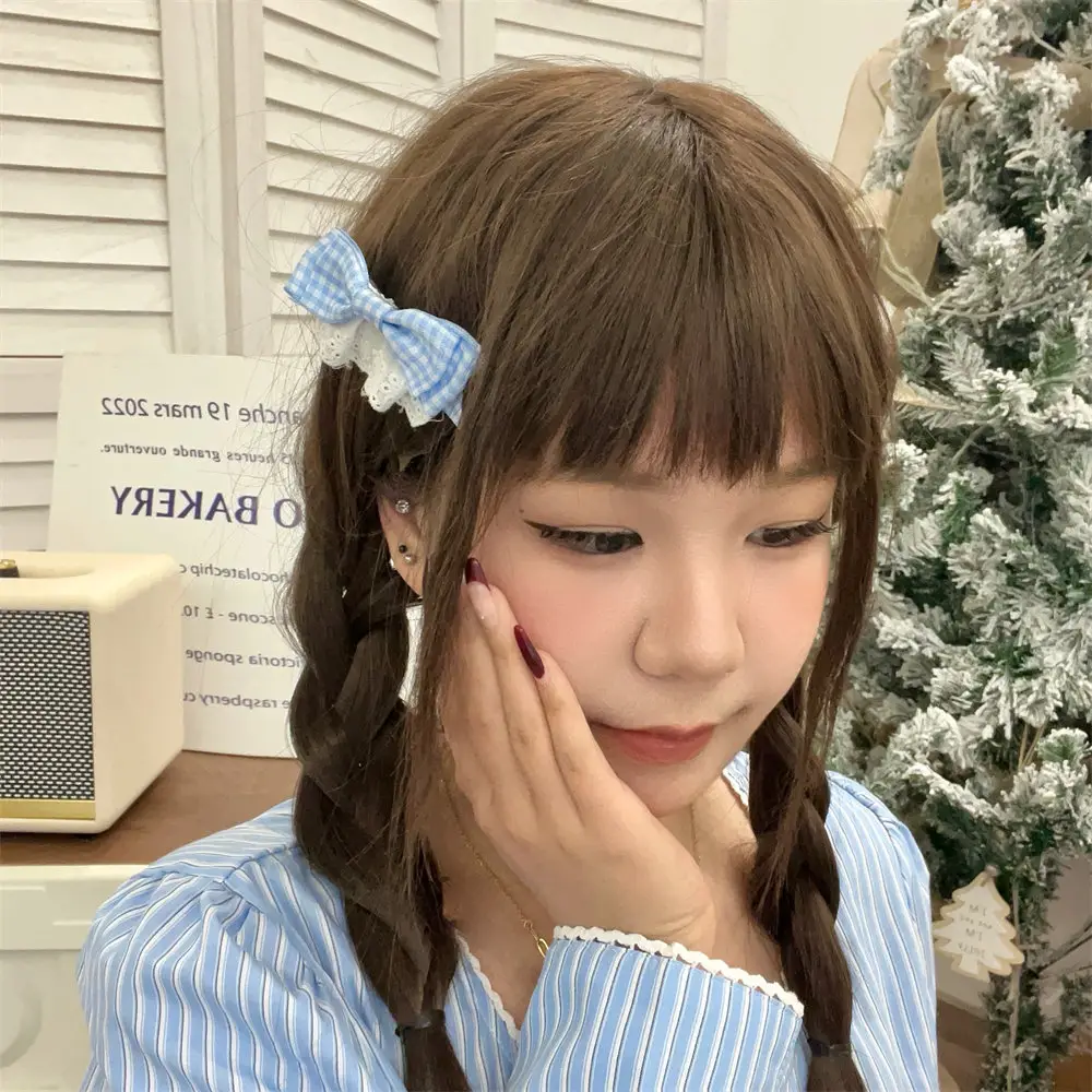 New Blue Plaid Bow Hairpin with Lace Edge — feature 6