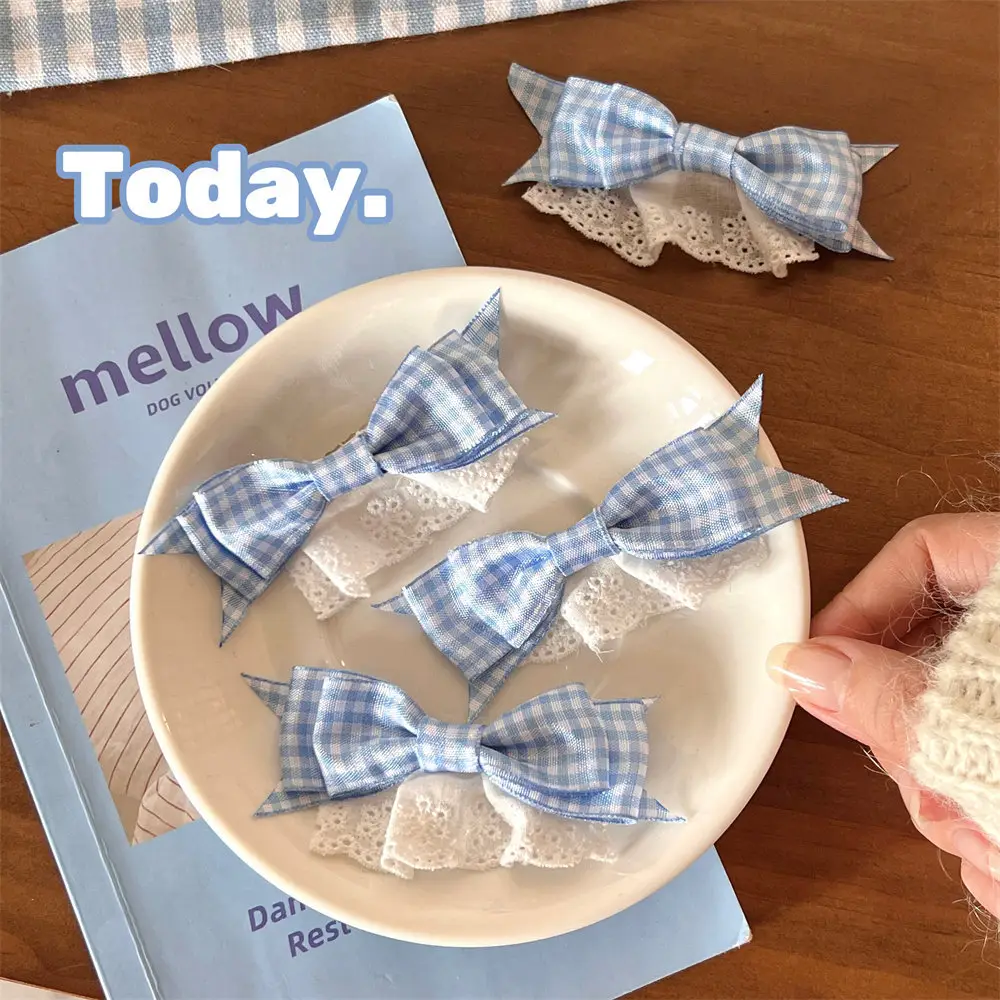 New Blue Plaid Bow Hairpin with Lace Edge — feature 8