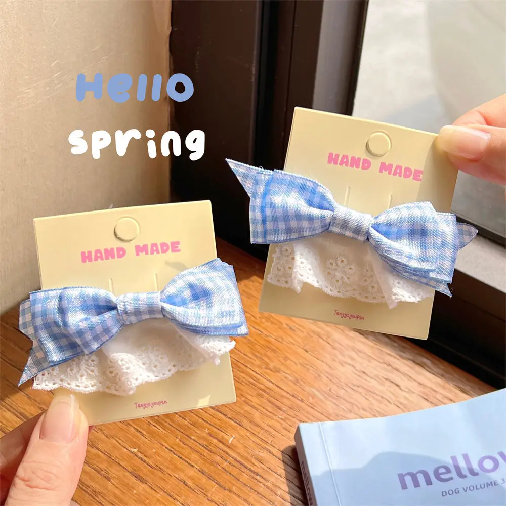 New Blue Plaid Bow Hairpin with Lace Edge — feature 9