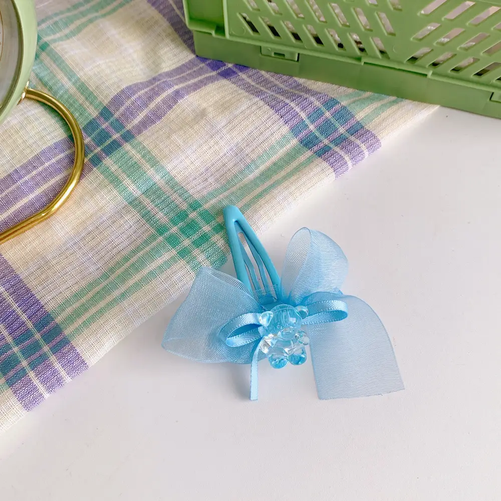 New Blue Plaid Bow Hairpin with Lace Edge