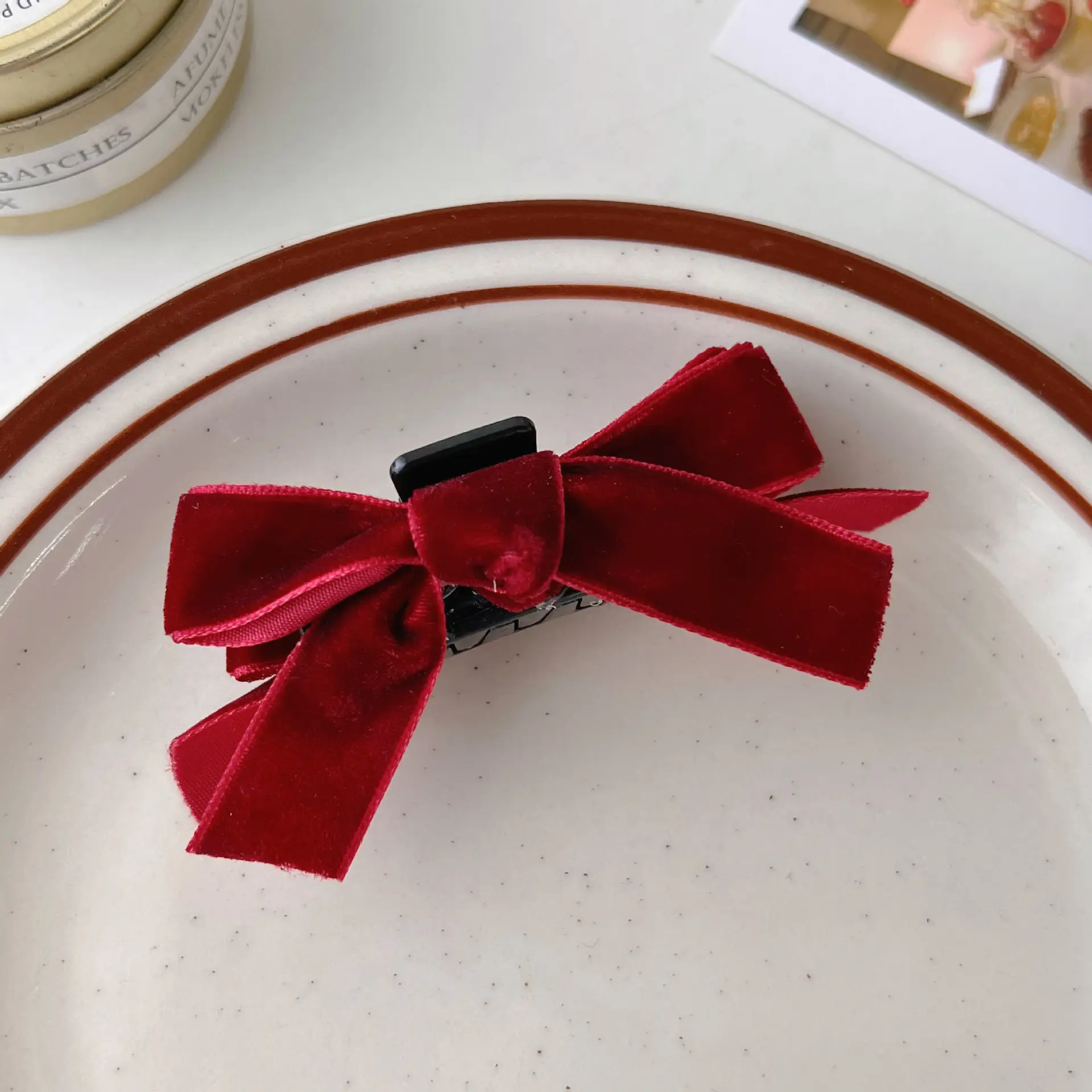 New Blue Plaid Bow Hairpin with Lace Edge - Image 2