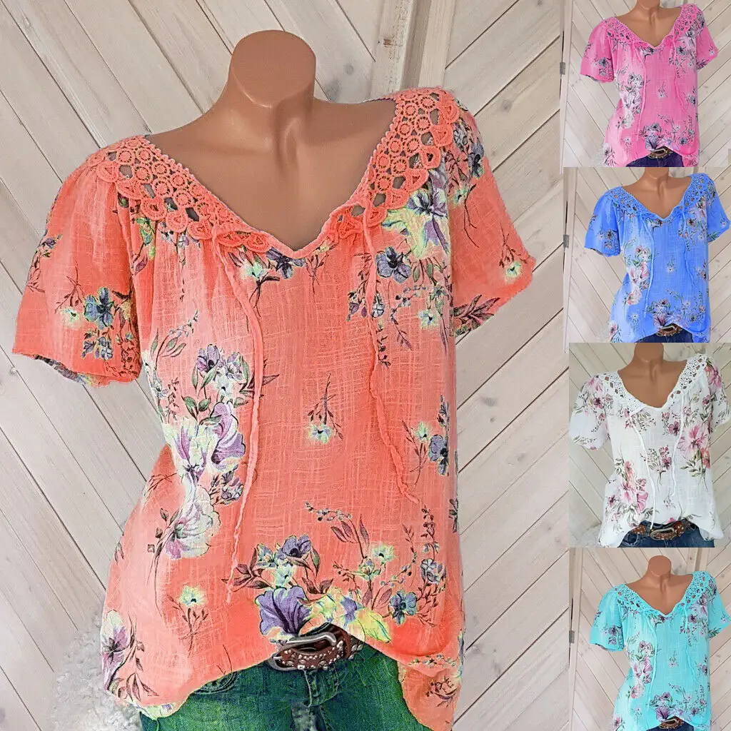 2019 Summer Floral Lace V-Neck T-Shirt Blue - Image 6