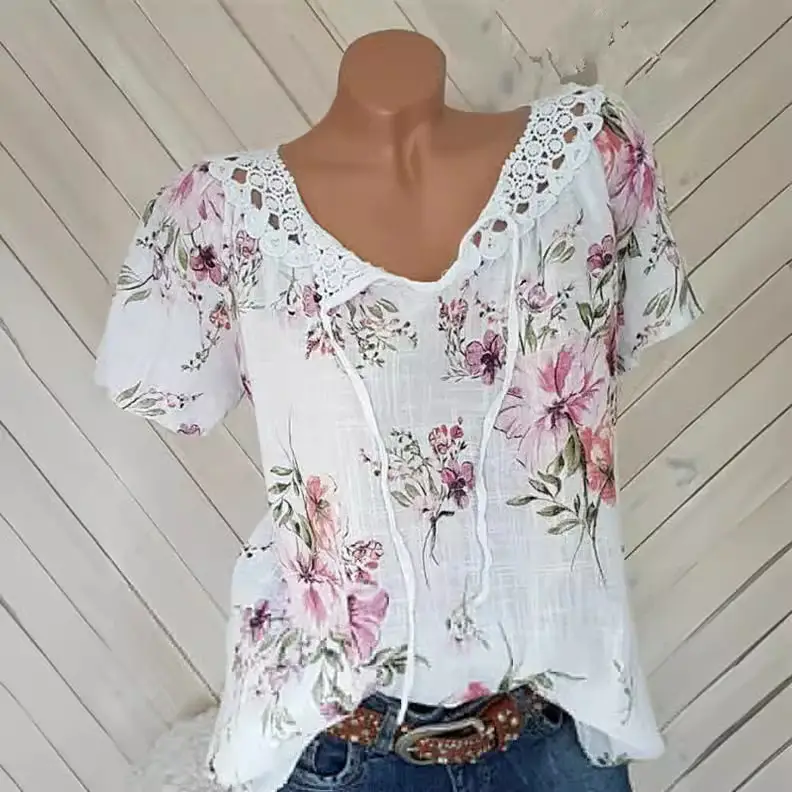 2019 Summer Floral Lace V-Neck T-Shirt Blue - Image 7