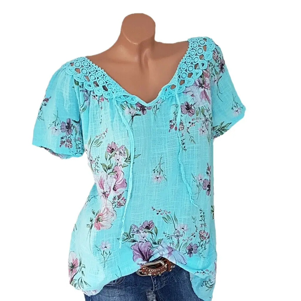 2019 Summer Floral Lace V-Neck T-Shirt Blue - Image 8