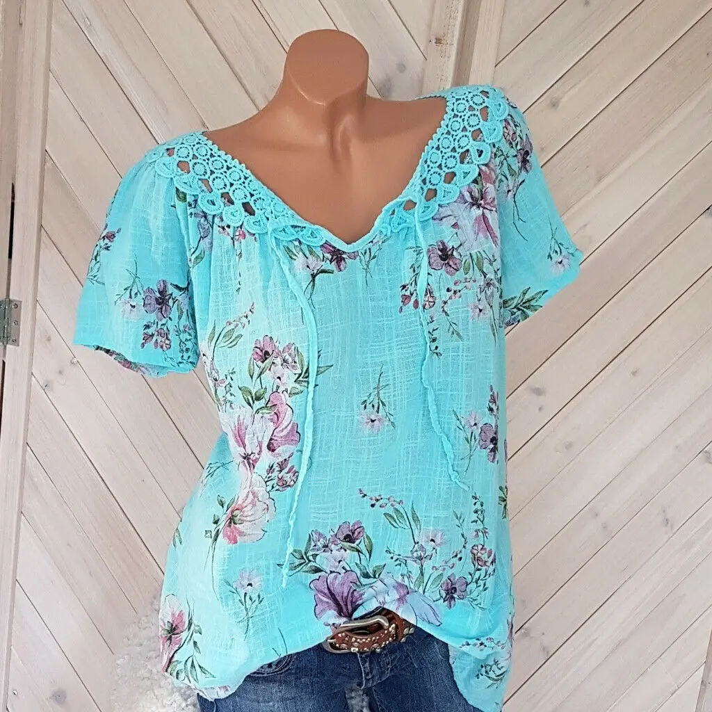 2019 Summer Floral Lace V-Neck T-Shirt Blue - Image 5