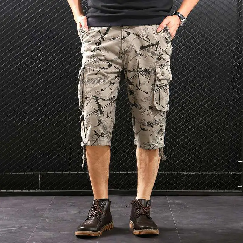 Men Beige Leaf Print Cargo Shorts Mid Length - Image 6