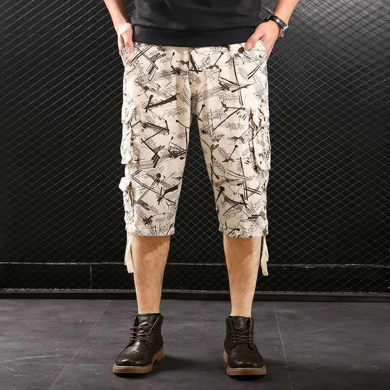 Men Beige Leaf Print Cargo Shorts Mid Length - Image 8