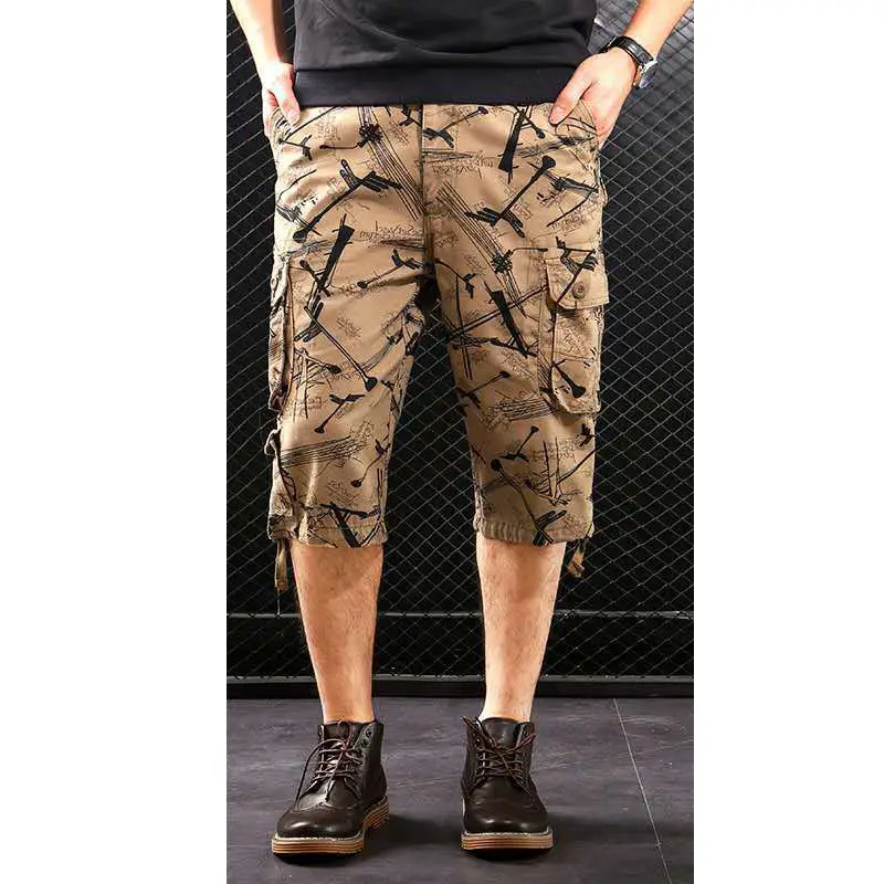 Men Beige Leaf Print Cargo Shorts Mid Length - Image 9