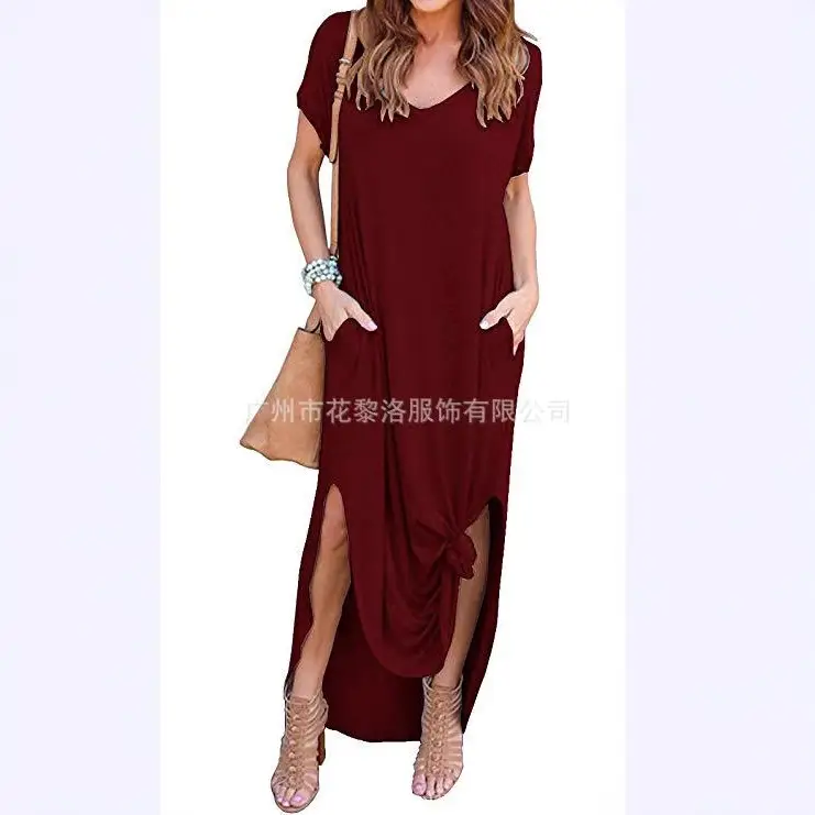 Maroon V-Neck Split Dress for Women Summer - Image 7