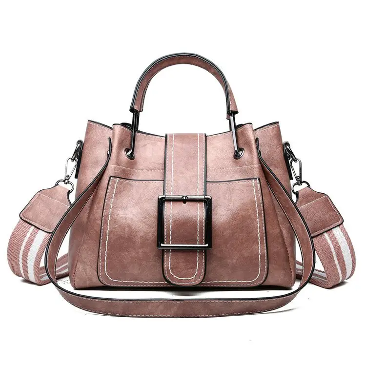 Women's Brown Leather Bucket Bag with Wide Strap - Image 3