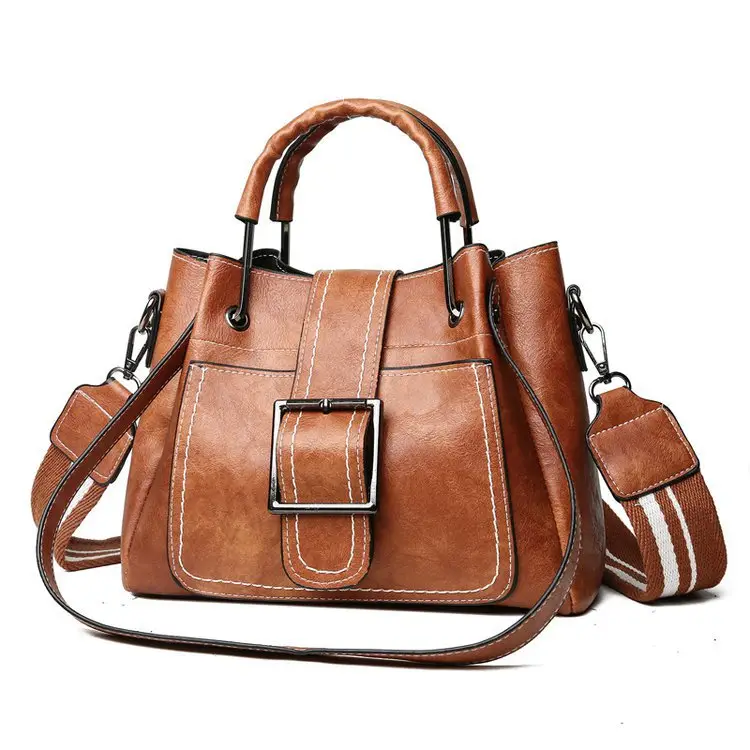 Women's Brown Leather Bucket Bag with Wide Strap - Image 4