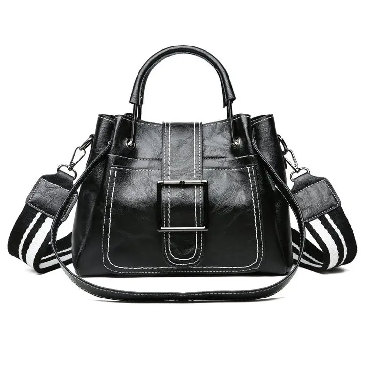 Women's Brown Leather Bucket Bag with Wide Strap - Image 5