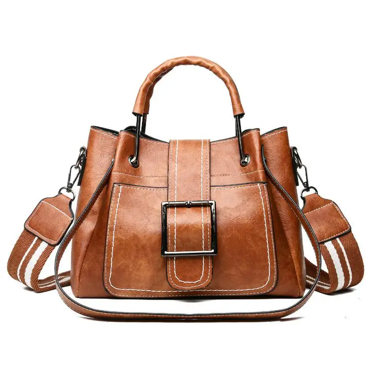 Women's Brown Leather Bucket Bag with Wide Strap - Image 6