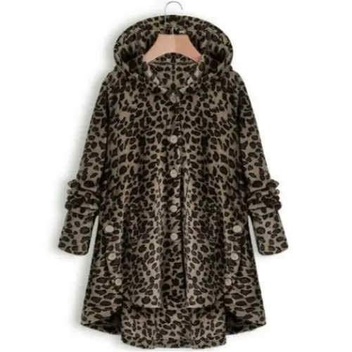 Women's Leopard Print Hooded Jacket Brown Button Front - Image 9