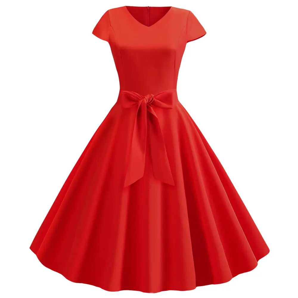 Red V-Neck Casual Swing Dress for Women - Image 13