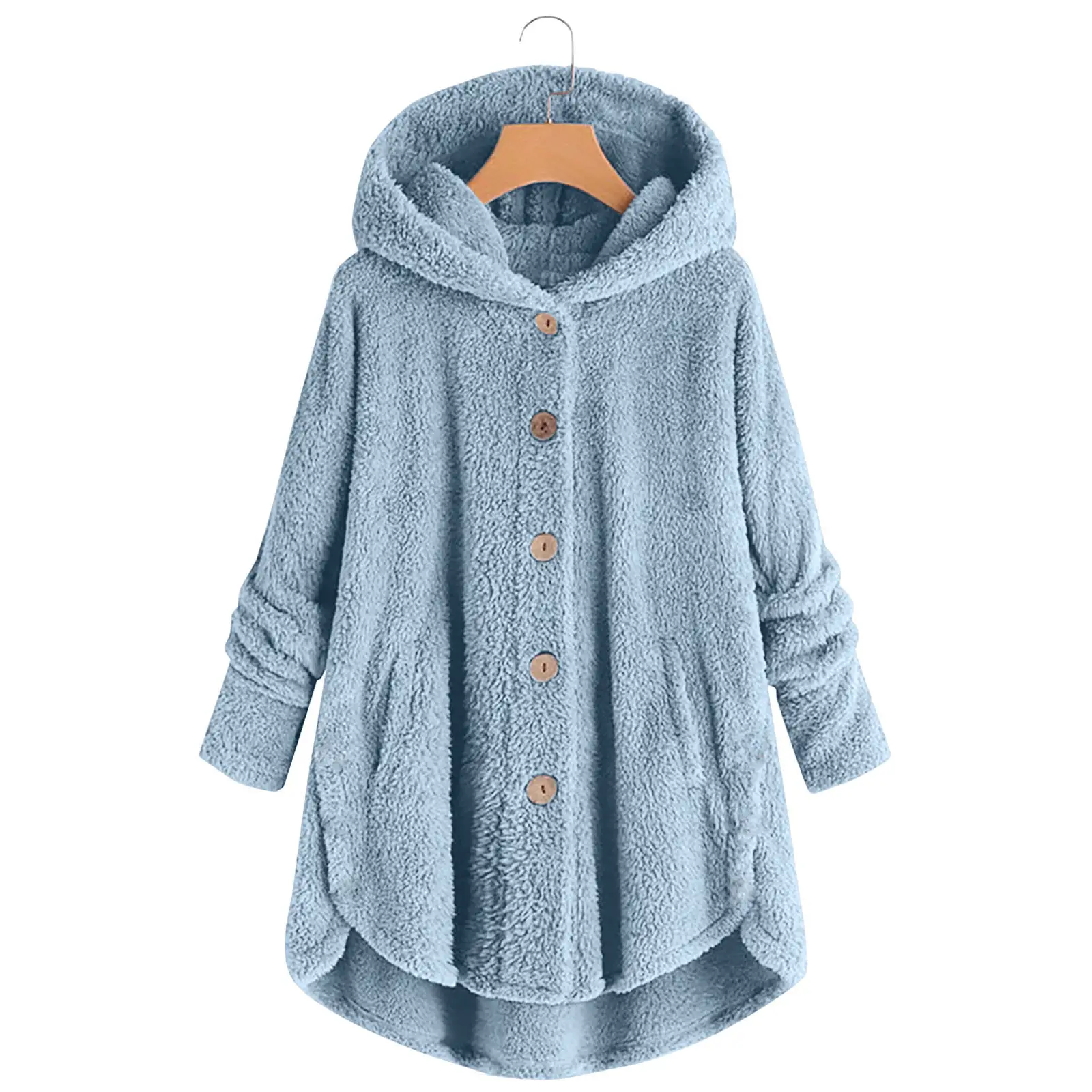 Women's Light Blue Plush Hooded Jacket Winter Top