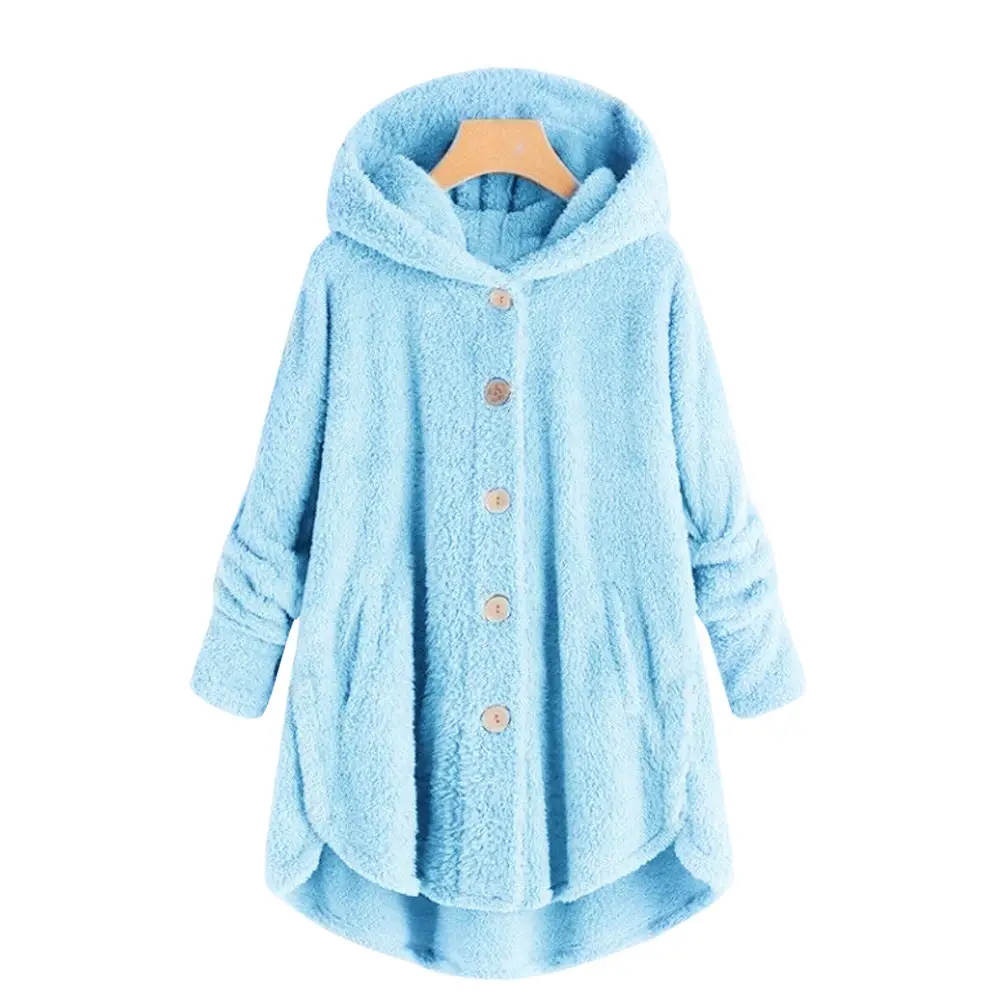 Women's Light Blue Plush Hooded Jacket Winter Top