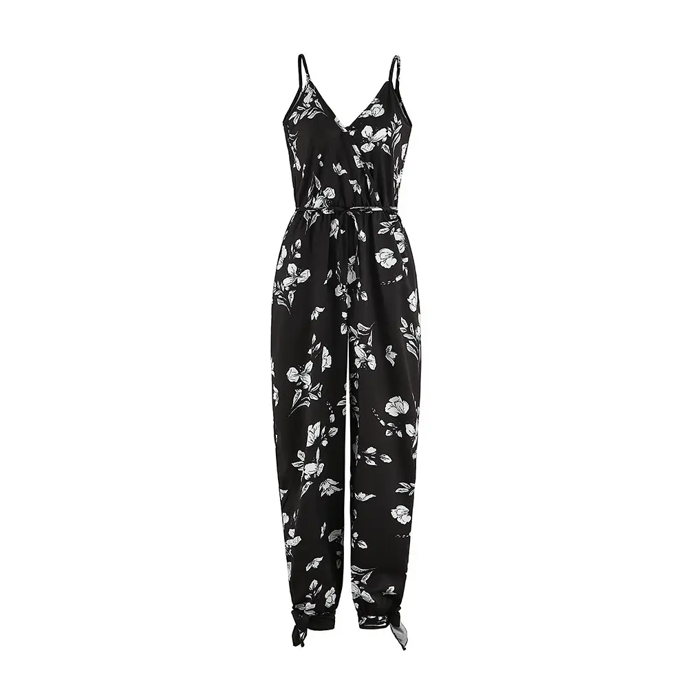 Black Floral Long Jumpsuit with Deep V Neck and Backless Design - Image 7