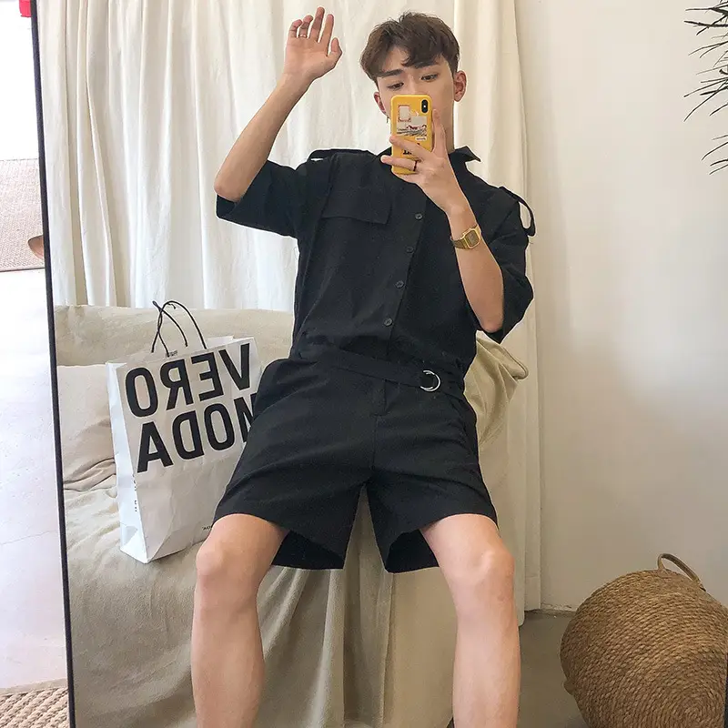 Men Black Hip-hop Workwear Shorts Set Loose Summer - Image 7