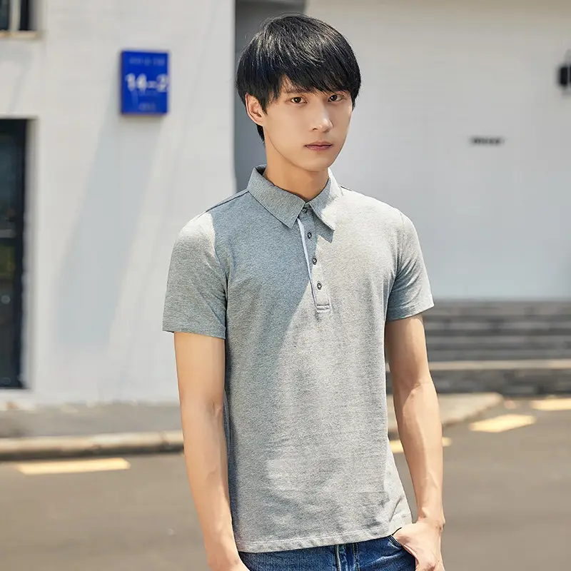 Men's Gray Short Sleeve T-Shirt with Lapel Jacket Design - Image 2