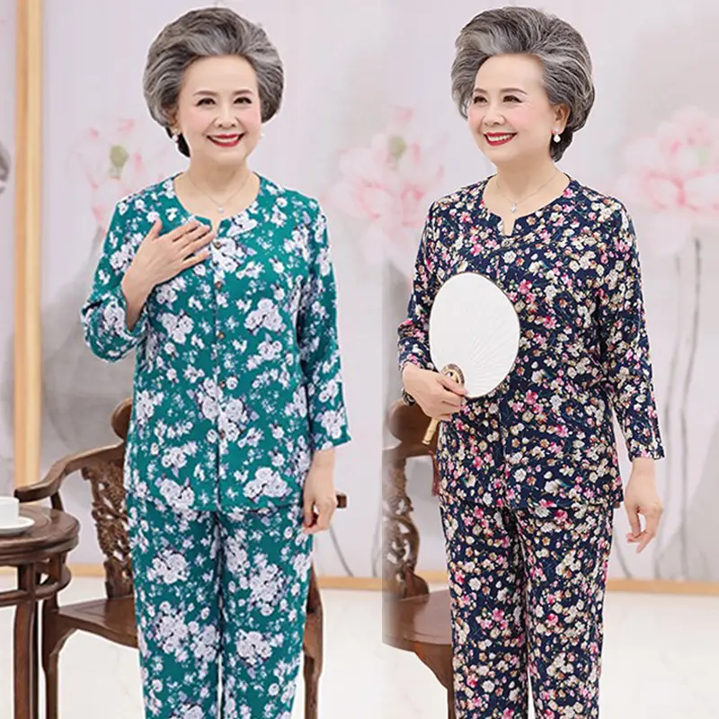 Elderly Pajama Set Cotton Silk Long Sleeve Grandma Large - Image 8