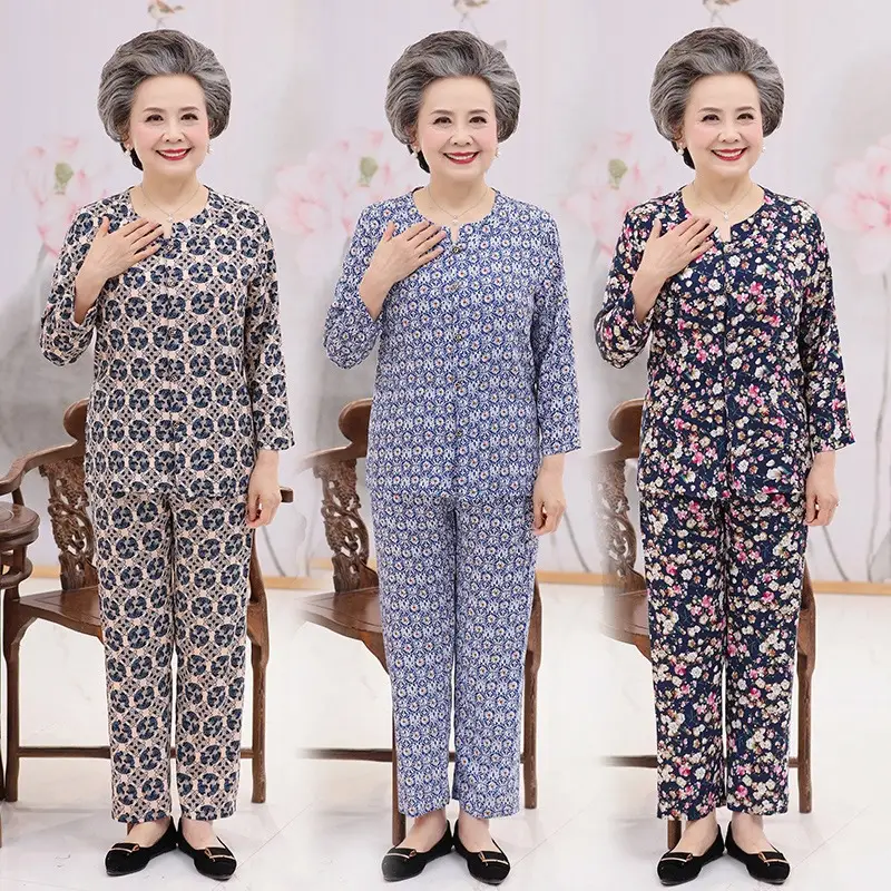 Elderly Pajama Set Cotton Silk Long Sleeve Grandma Large - Image 9