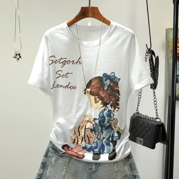 Women Printed Round Neck T-Shirt White Korean Style - Image 10