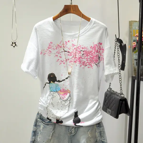 Women Printed Round Neck T-Shirt White Korean Style - Image 11